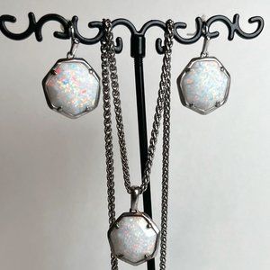 Kendra Scott Silver Custom Cynthia Earrings and Necklace Set in White Opal